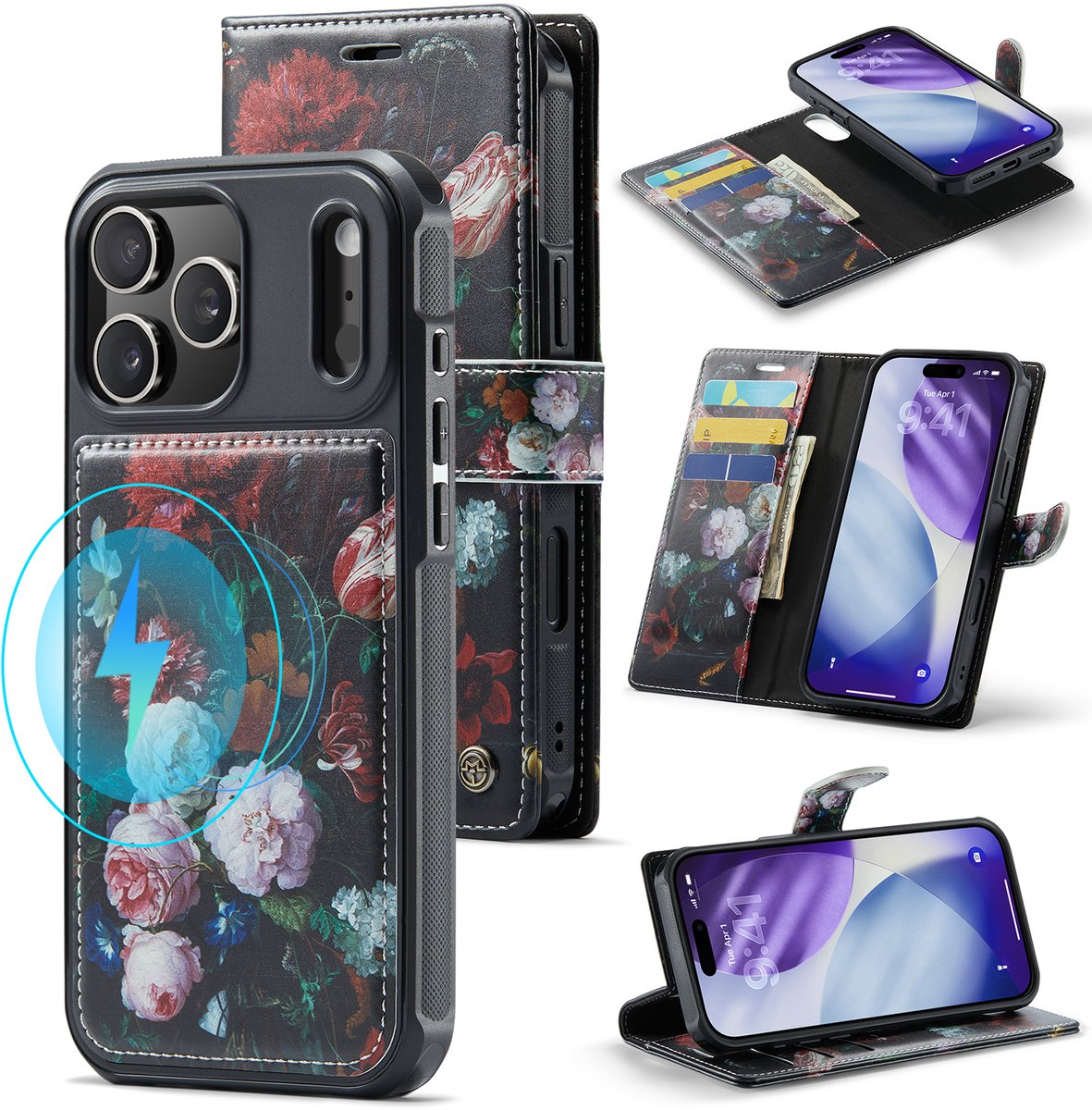 Casemania Hoesje Geschikt voor Apple iPhone 18 Pro - Stilleven met Bloemen Print - Geschikt voor MagSafe - Kunstleer 2 in 1 Afneembare Bookcase - Magnetische Telefoonhoesje met Kunst Print en Pasjeshouder