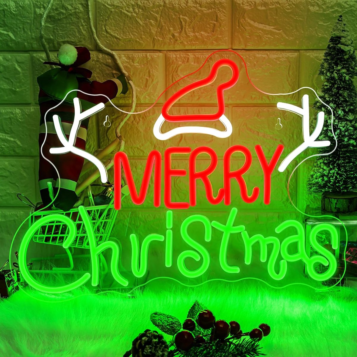 Kerstfeest Neon Borden Groene Rode Letters Neon Licht met Schakelaar voor Muurdecoratie LED Neon Teken voor Kerstfeest, Nieuwjaar, Vakantiedecoratie Cadeau voor Kinderen, Familie