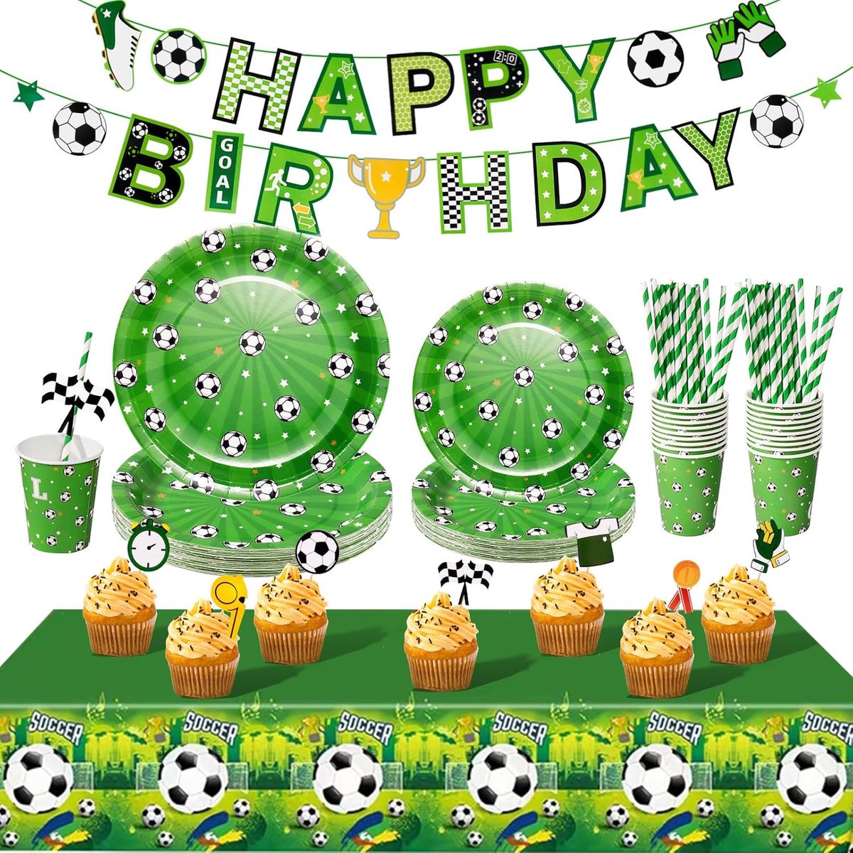 Tafelgerei voor voetbalfeest, voetbalthema voor kinderen, verjaardagsdecoratie, feestaccessoireset, papieren bekers voor papieren borden, stro, voetbal voetbal wereldbeker decoraties dienen 20