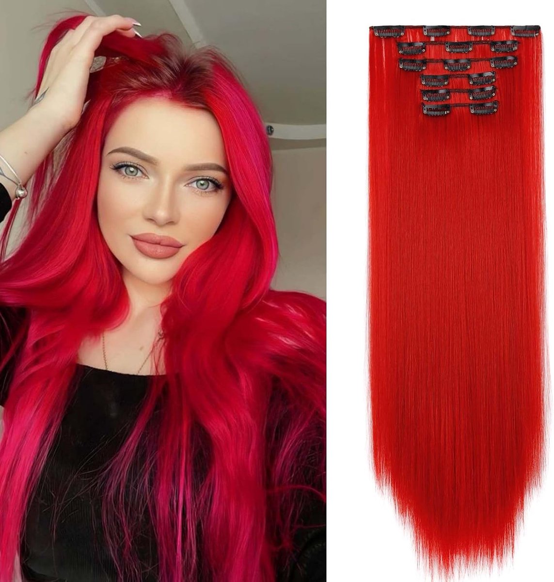 Clip in Extensies Haarstukje Haarverlenging Recht 6PCS 58cm Clip in Haarextensies Zoals Echt Haar Synthetische Lang, Rood
