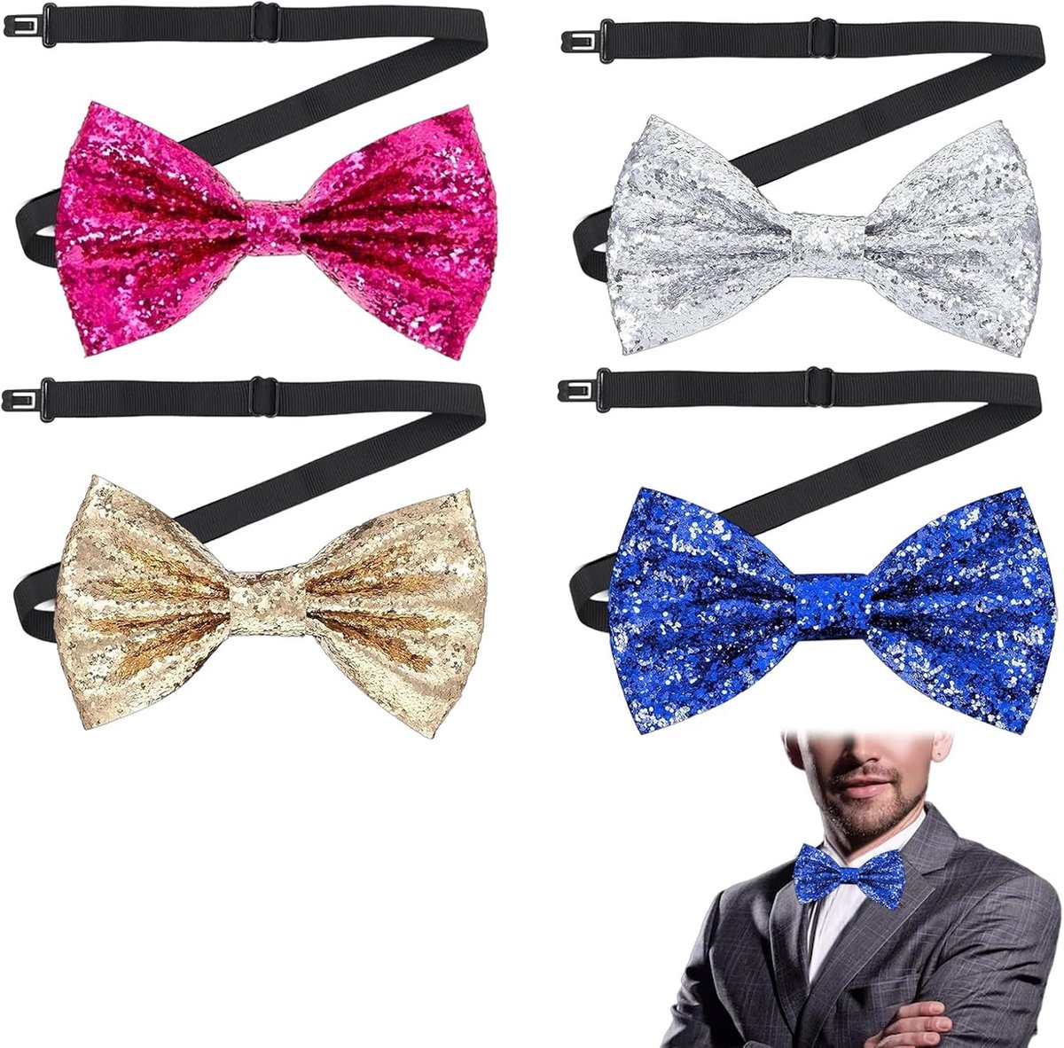 4-delige Set Glitter Vlinders voor Mannen, Vrouwen en Kinderen – Gouden, Koningsblauwe, Zilveren en Magenta Kleuren, Verstelbaar voor Feesten en Speciale Gelegenheden