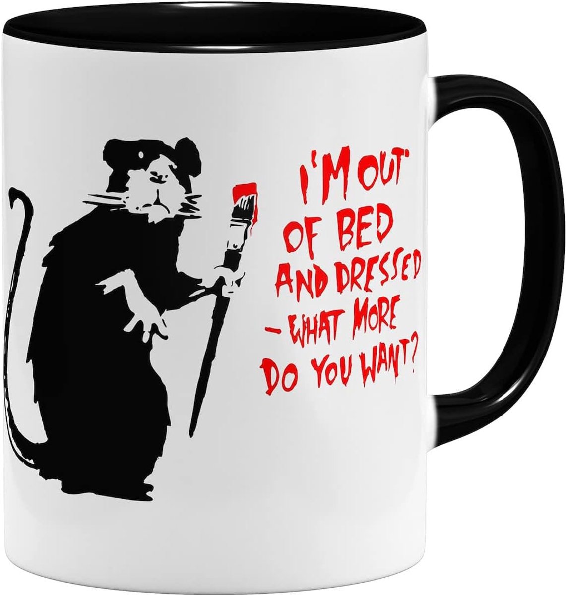 Out Of Bed Rat Banksy keramische mok, 325 ml, dubbelzijdig bedrukt, zwart