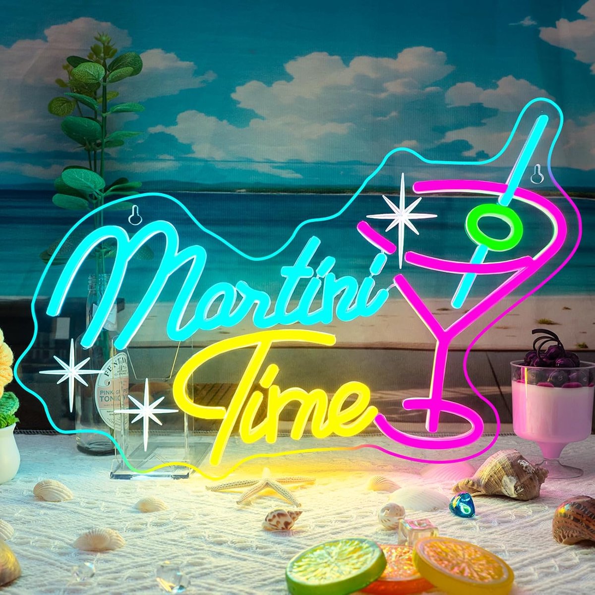 Martini Time neonbord, cocktail, neonborden, lichtreclame, Martini, neonlicht, belettering, led-bord voor wanddecoratie, cocktail, neonlicht voor bier, bars, man hol, taverne, club