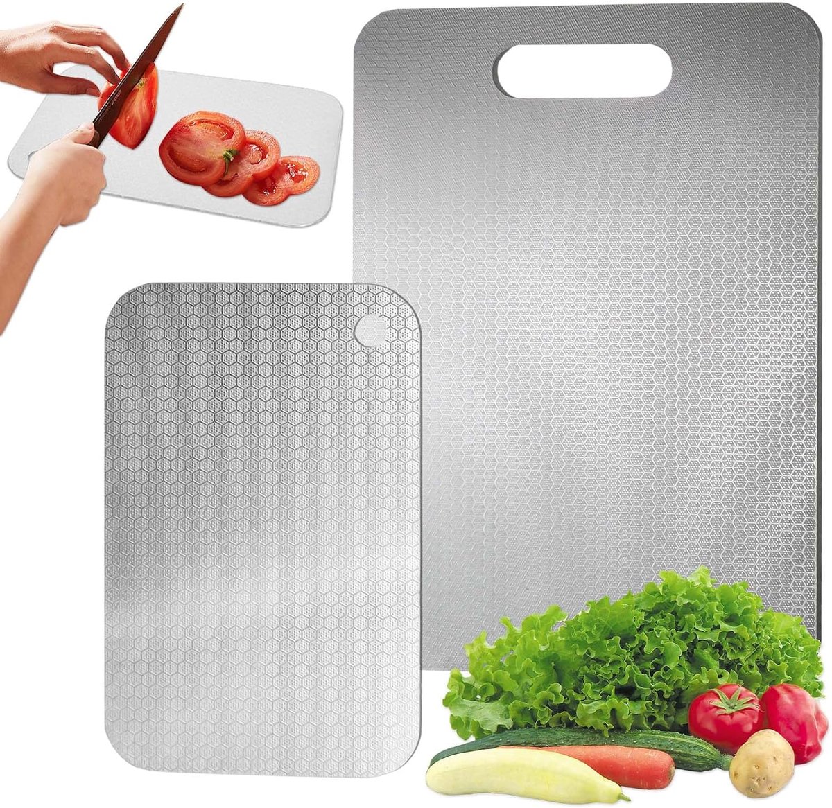 2 snijplanken van roestvrij staal, titanium snijplanken, dubbelzijdig, voor levensmiddelen, keuken, vlees, fruit en groenten (34 x 23 cm + 24 x 15 cm)
