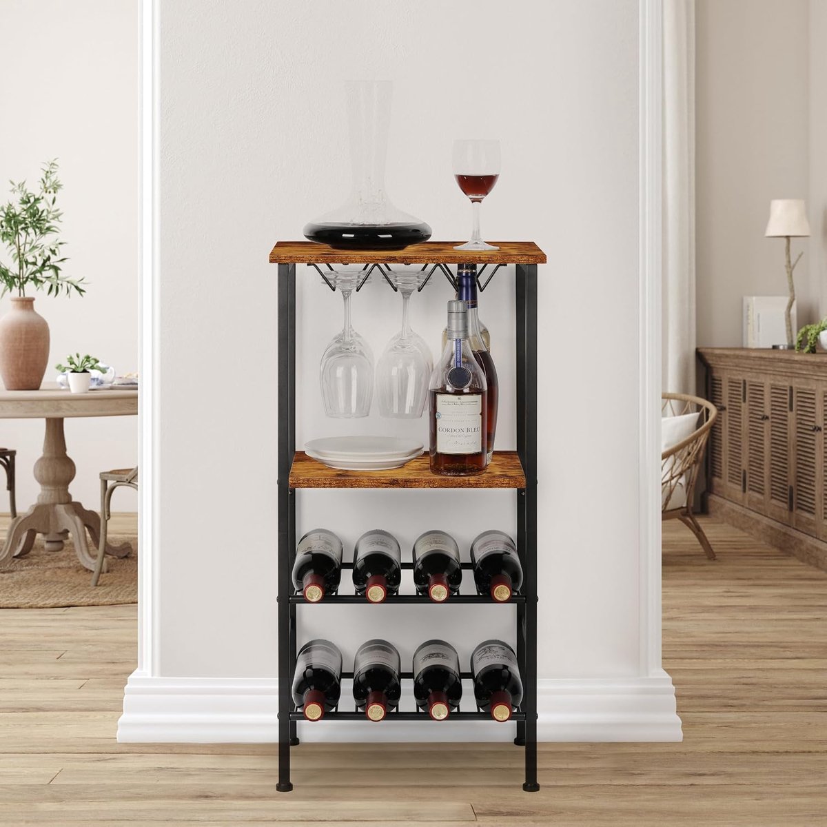 Wijnrek Vrijstaande Vloer Wijnbar Rack met Glazen Houder en Tafelblad 8 Fles Houten Wijntafels Met Rekken 4 Tier Wijnfles Organizer Display Opbergstandaard, Rustiek Bruin — cadeau in Cadeau-ideeën - foto 2
