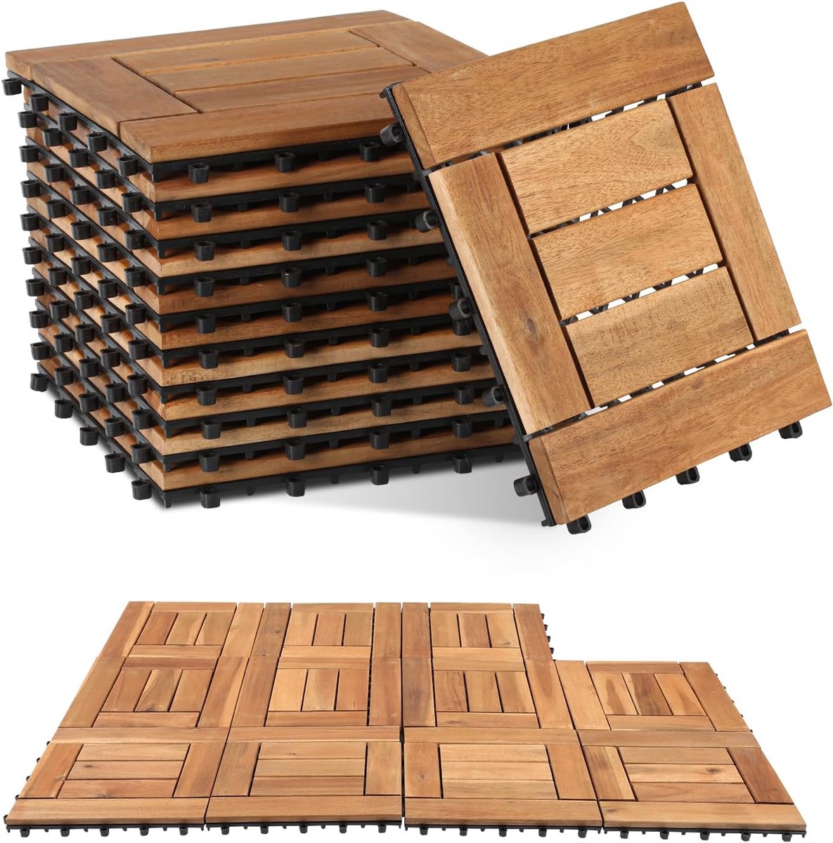 Houten tegels van acaciahout, 7 latten, terrastegels, 30 x 30 cm - 3 m², balkontegels voor balkon, tuin, terras, vloerbedekking eenvoudig, snel, praktisch gelegd