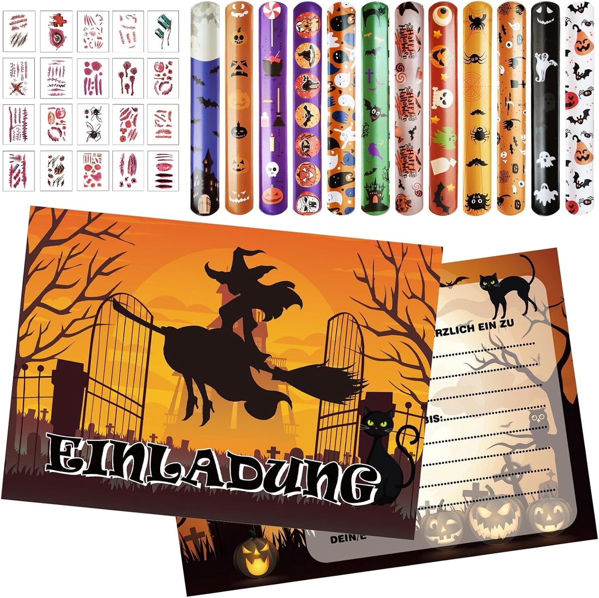 uitnodigingskaarten party uitnodiging kinderen verjaardag ansichtkaarten, Halloween uitnodigingskaarten met 20 Halloween littekentatoeages stickers, spin pompoen pompoen heks vleermuis party