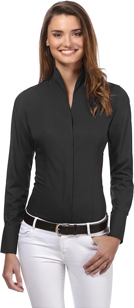 Boretti Damesblouse met kelkkraag, licht getailleerd, 100% katoen, gemakkelijk te strijken, lange mouwen, hemdblouse met opstaande kraag, elegant, feestelijk, ook voor zakelijk gebruik