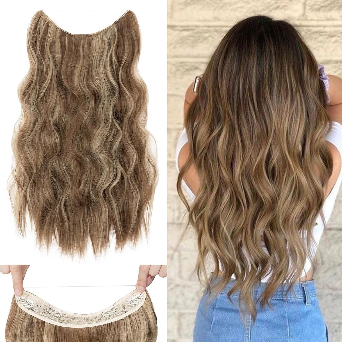Haarverlenging met elastiek, verstelbaar Secrets haarstukje synthetisch, extensions met snoer en clips, lange golvende extensions voor vrouwen, lichtbruin met blonde highlights 60cm