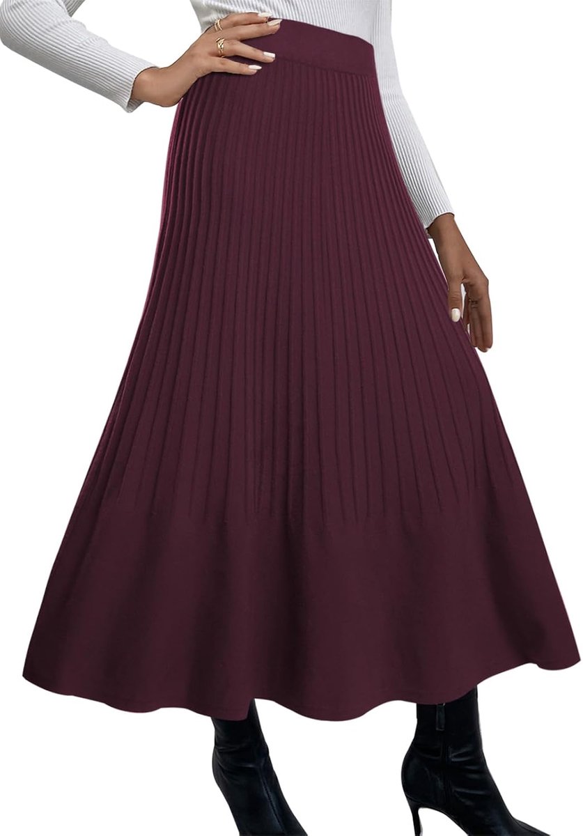 Lange rok voor dames, hoge taille, gebreide plooirok, A-lijn, winterrok, elastische tailleband