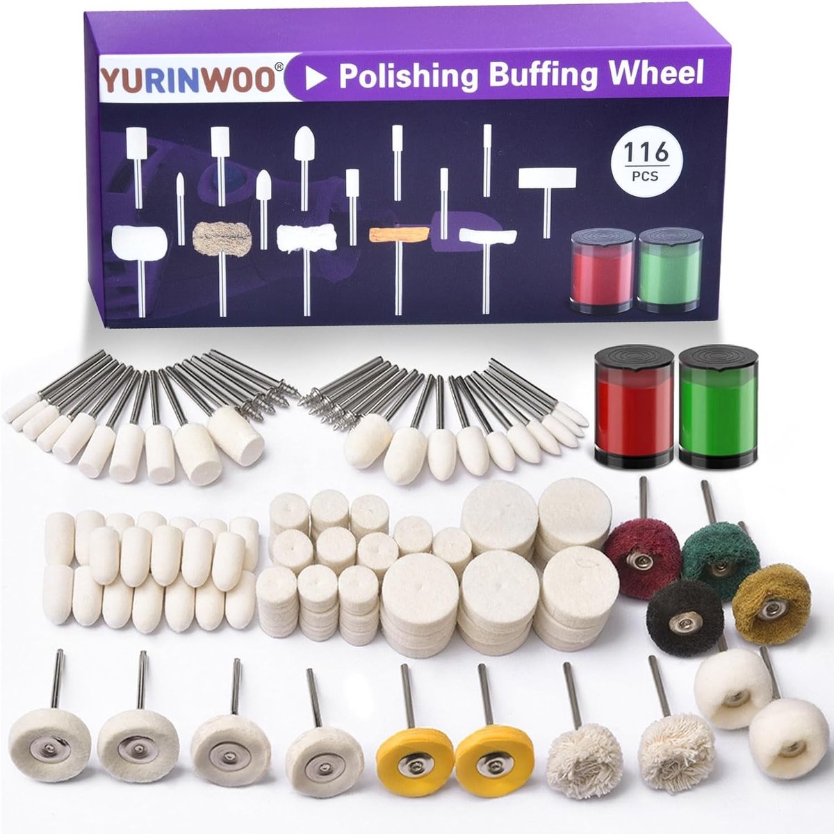 Polijstpasta set - Wolvilt - 114-delig - Polijstschijven en Mandrels - Voor Diverse Materialen en Rotatiegereedschap