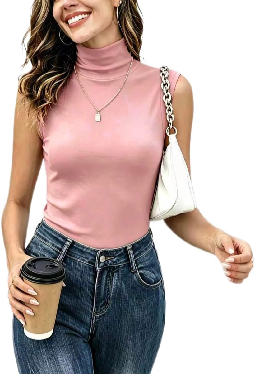 Top voor dames, elegant rolkraagshirt zonder mouwen, dun, licht, rekbaar, basic jersey vest, slim fit
