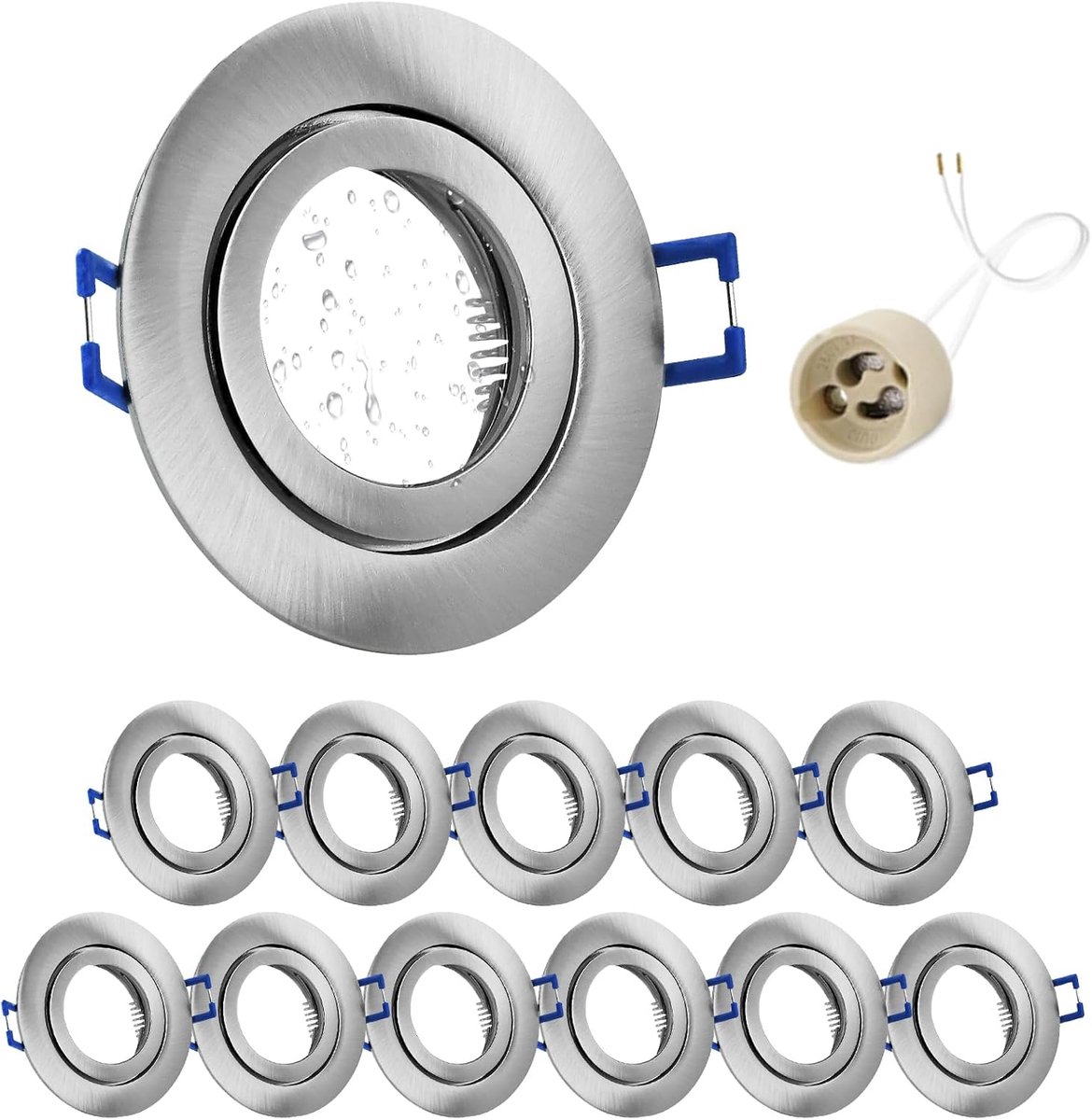 12 x Led-inbouwspot IP44 inclusief GU10 houder, draaibaar LED-spot, ijzer, geborsteld nikkel, badkamer inbouwrames, rond vlak, inbouwspots, gatmaat 68 mm voor buiten - binnengebieden
