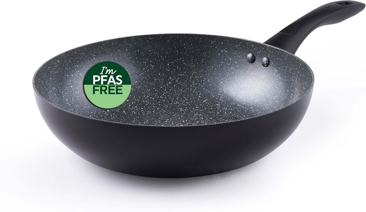 BW12915EU7 Marble Ceramic 28 cm Stir-Fry Pan – Non-Stick Wok Pan with Metallic Marble Ceramic Coating, Induction Hob Suitable, Lightweight Pressed Aluminium Cookware, PFAS-Free Saute Pan