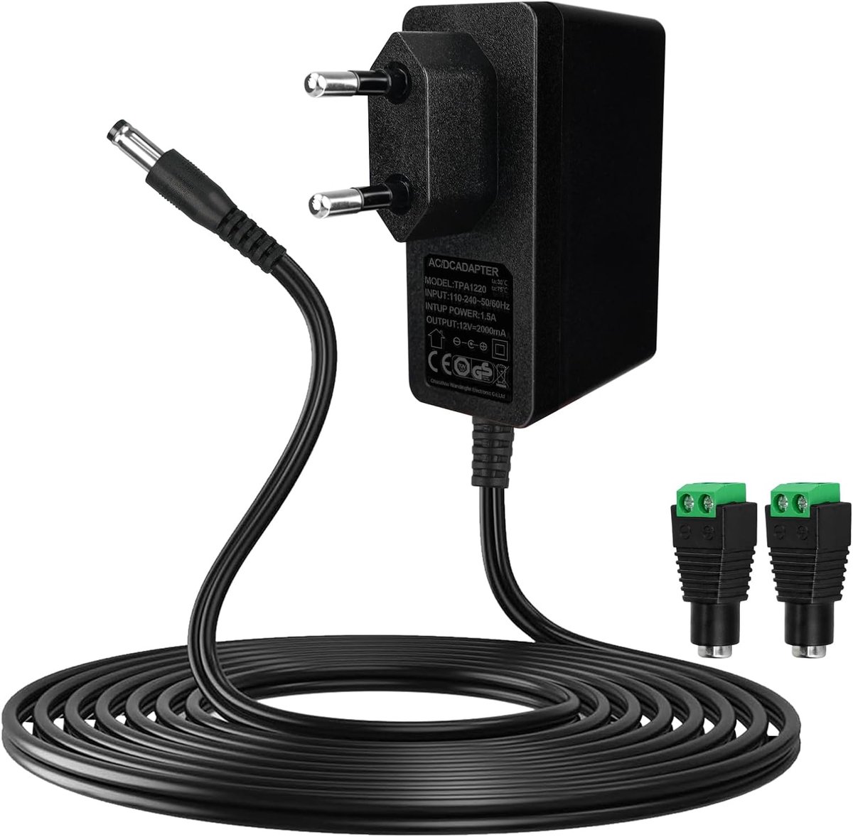 12V voeding 2A - AC-adapter voeding 12V ingang 200-240V, 2 meter kabel, uitgang DC 12V 2A 24W stekkers 5,5X 2,1mm, met 2 DC-stekkers, universele transformator, ledlicht, meer 12 V 2