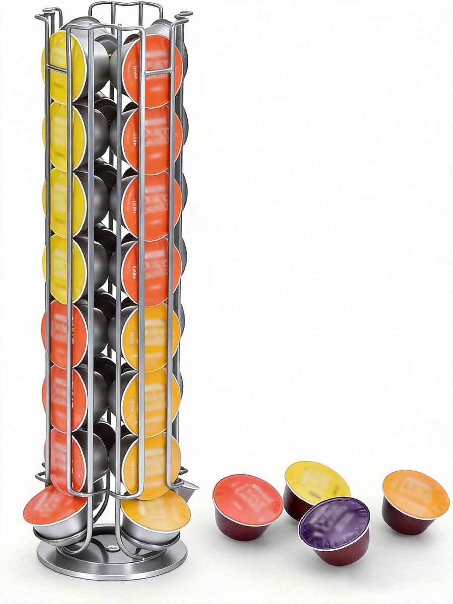 Capsulehouder, draaibaar, voor 32 capsules, compatibel met Dolce Gusto, 360° koffiecapsulestandaard, metaal, ruimtebesparende koffiecapsule-organizer, antislip onderkant, 43 cm (lichtzilver)