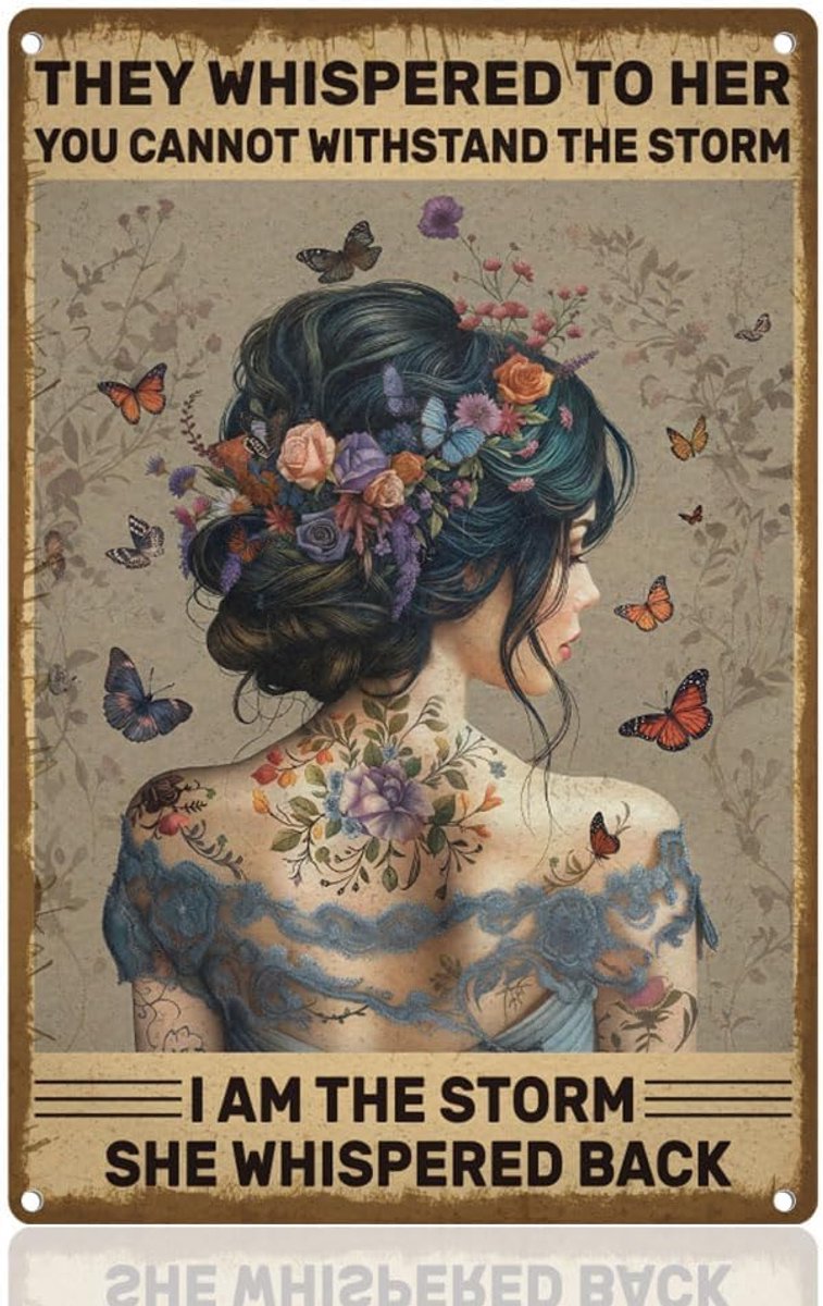 Bord voor vrouwen met tatoeage op de rug, inspirerend citaat, retro metalen muurdecoratie, motiverend dat je niet kunt weerstaan Storm I Am the Storm muurkunst poster voor slaapkamer