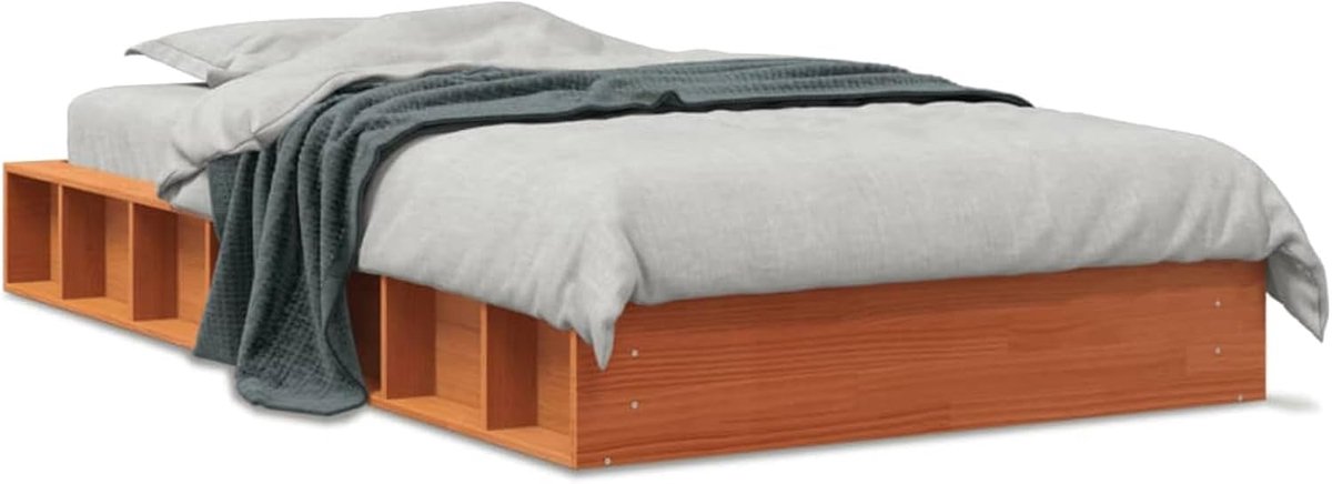 Bed van massief grenenhout, 100 x 200 cm, wasbruin, met geïntegreerde lattenbodem van multiplex, lage structuur van 21 cm, ideaal voor kleine slaapkamers in landelijke of Scandinavische stijl