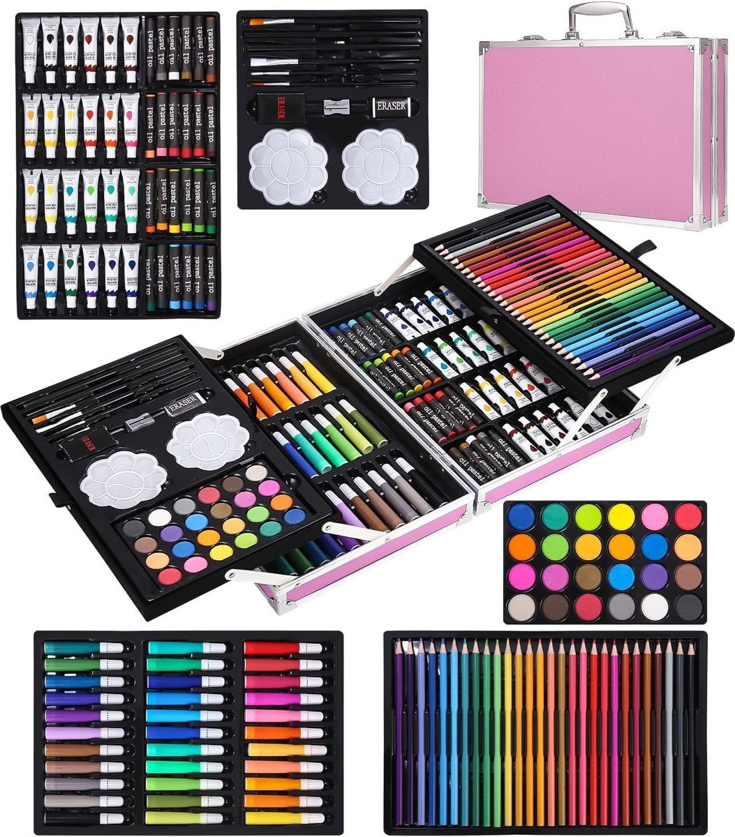 144-delig schilderset, schilderkoffer kunstset, professionele tekenset met kleurpotloden, waterverf, olijpastelkleur, kleuren en houtskoolpotloden, geschenk roze