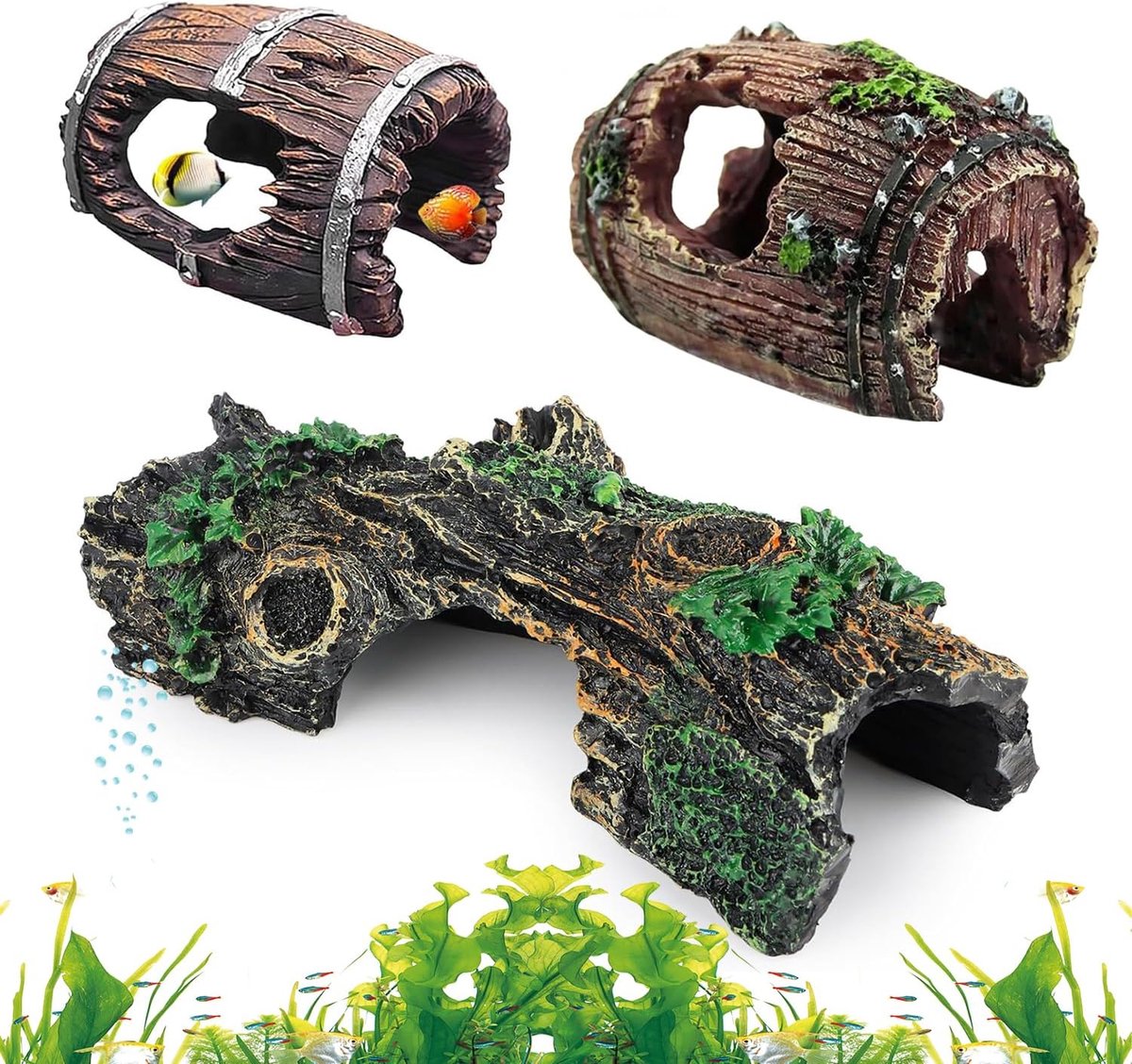 3 stuks decoratie voor aquarium, holaquarium, decoratieve stam, realistisch, aquariumornamenten voor kleine en middelgrote waterdieren
