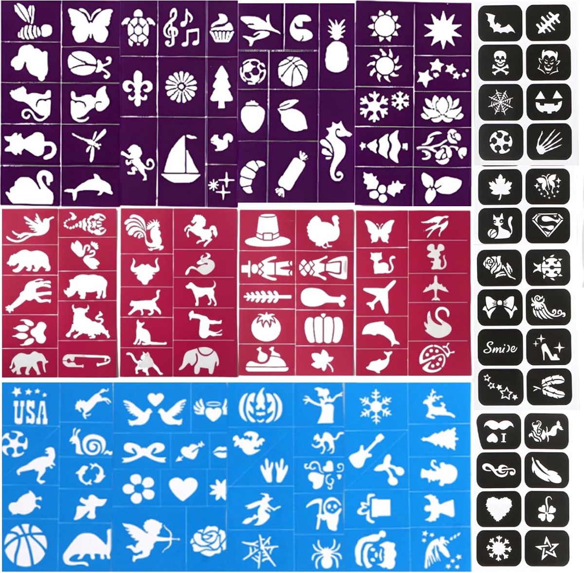 16 vellen tattoosjablonen, herbruikbare tattoosjablonen, gezicht, kinderschminken, glittertattoo-sjablonen, set voor meisjes, voor carnaval, verjaardagen, Kerstmis