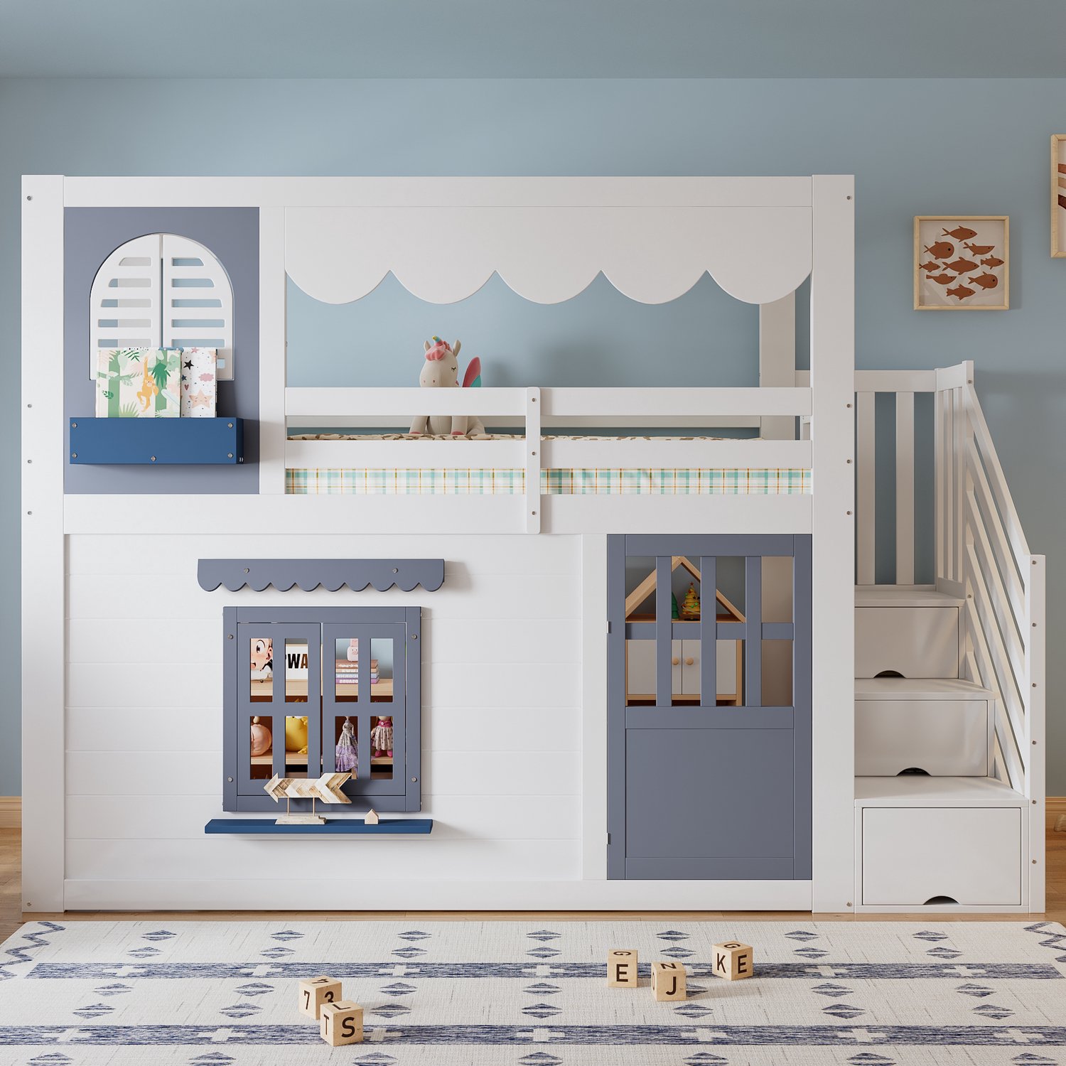 VVBV Hoogslaper 90x200 – Uitvalbeveiliging, Opbergruimte, Trap, Voor Kinderen & Tieners, Huisbed Design – Hoogslaper met Trap – Hout – Wit