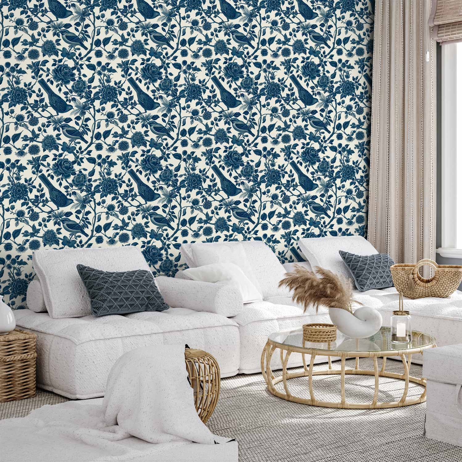 Behang - Birds and roses - monochrome blue pattern with botanical motif