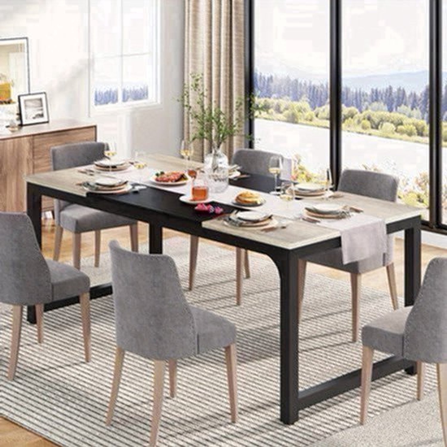 Eettafel – Keukentafel – Eetkamertafel – Tafel – Industriële Tafel – Modern Industrieel Design – 180x80 cm – Grijs Houten Blad Met Zwart Metaal – Stevig Metalen Onderstel – Geschikt Voor 6-8 Personen