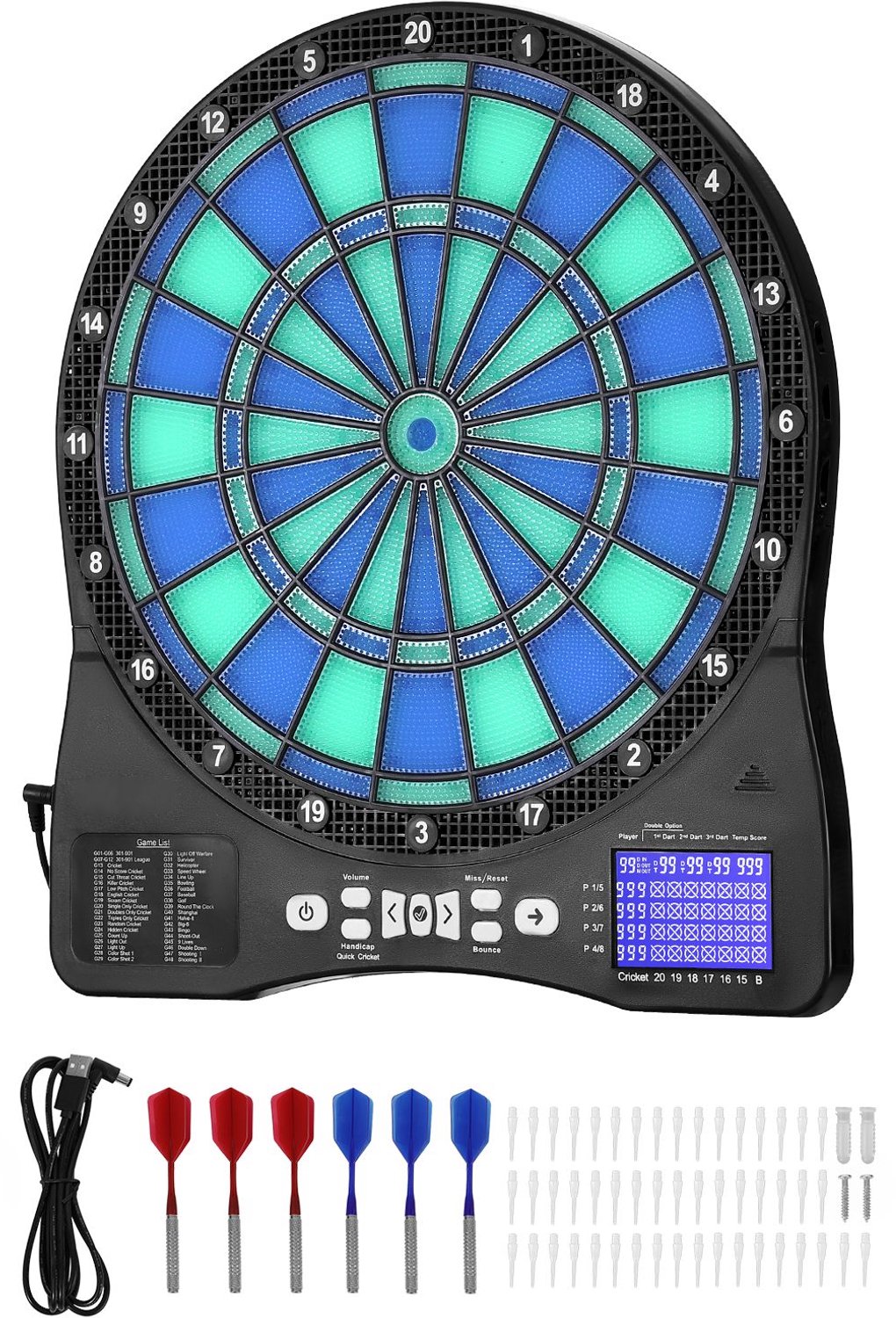 Elektronisch dartbord- LED-verlicht dartbord met 48 spellen en meer dan 500 variaties- inclusief 6 dartpijlen met flights en 50 softtips- LCD-scherm voor cricketscoreweergave - Geschikt voor maximaal 8 spelers.