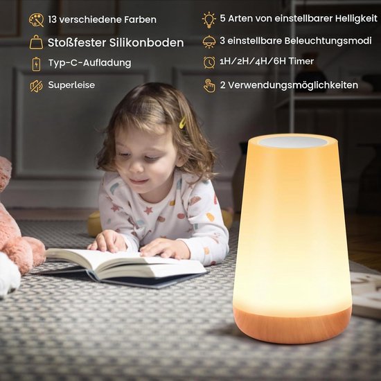 2 stuks - Tafellamp slaapkamer - USB oplaadbaar Nachtlampje Kinderen - Leeslamp - Wake-up Light - Sfeerlamp - LED verlichting - Bedlamp voor Baby, Kinderen & Volwassenen - Met afstandsbediening van Autrucker — afbeelding 5