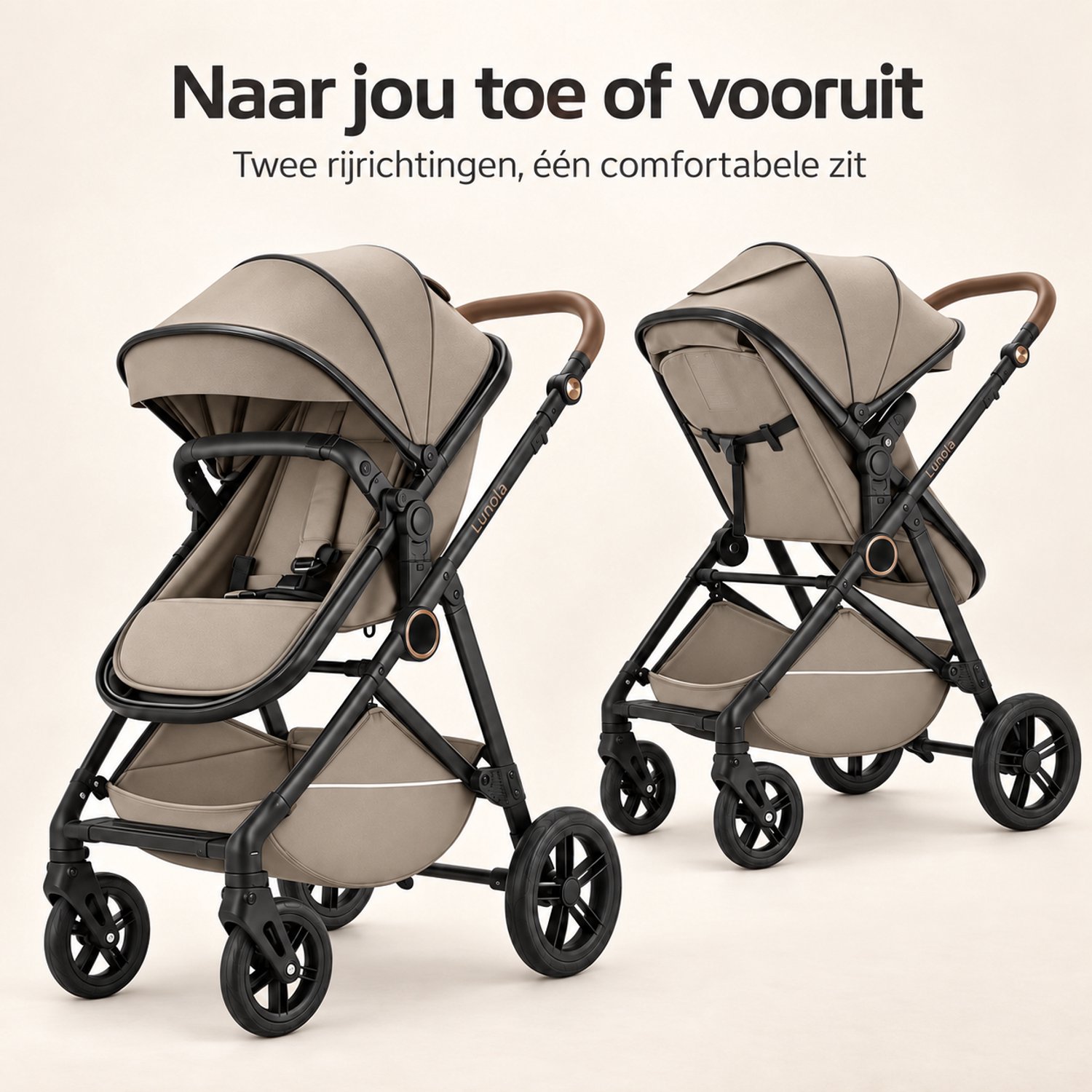 Lunola Noor Premium Kinderwagen 2 in 1 - Combi met Reiswieg en Omkeerbaar Zitje - Compact Inklapbaar - buggy en kinderwagen voor 0 tot 3 Jaar - Kaki thumbnail 6