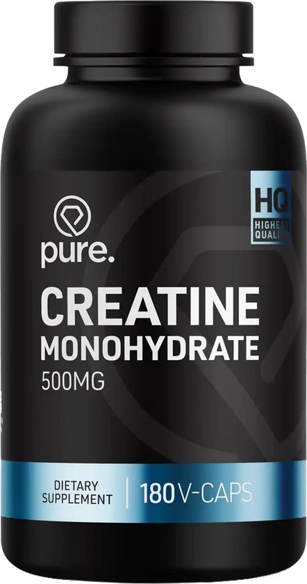 Zwarte pot Pure. Creatine Monohydrate 500mg met blauw accent en 180 V-caps.