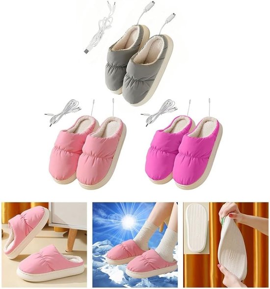 USB oplaadbare verwarmde slippers – Pluche materiaal – 45–50°C – Geschikt voor de winter en kantoor – Unisex – Grijs/Roze (Grijs) — cadeau in Gadgets - foto 5