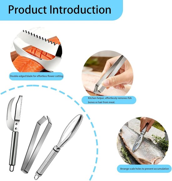 Professionele 3-delige Visschubben Set van RVS – Multifunctioneel 3-in-1 Viskant met Graten Tang, Perfect voor het Verwijderen van Visschubben en Graten in de Keuken — afbeelding 3