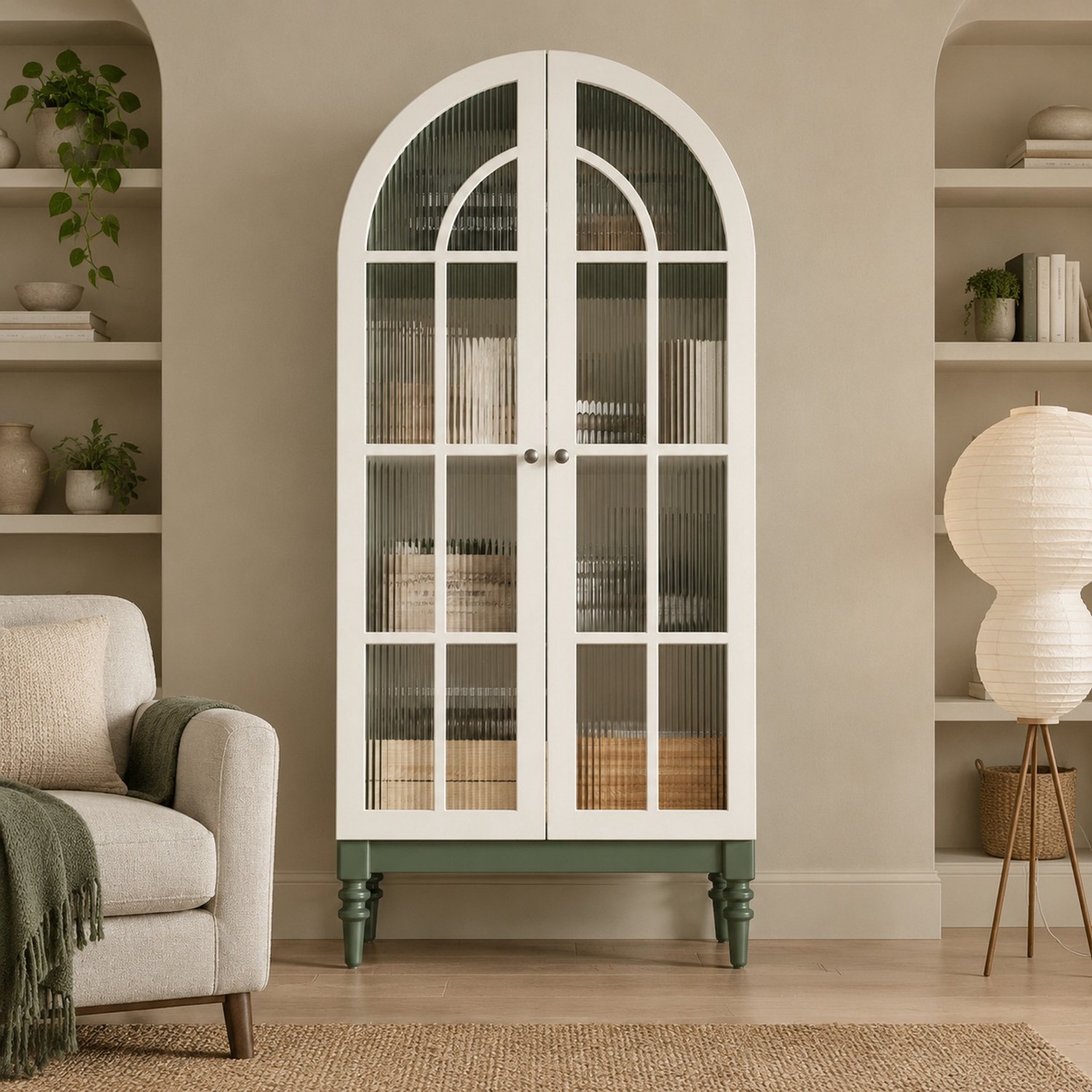 WUVRIE Vitrinekast 76x38,5x165 cm - Geribbelde glazen dubbele deuren en 3 planken - Donkergroen/wit