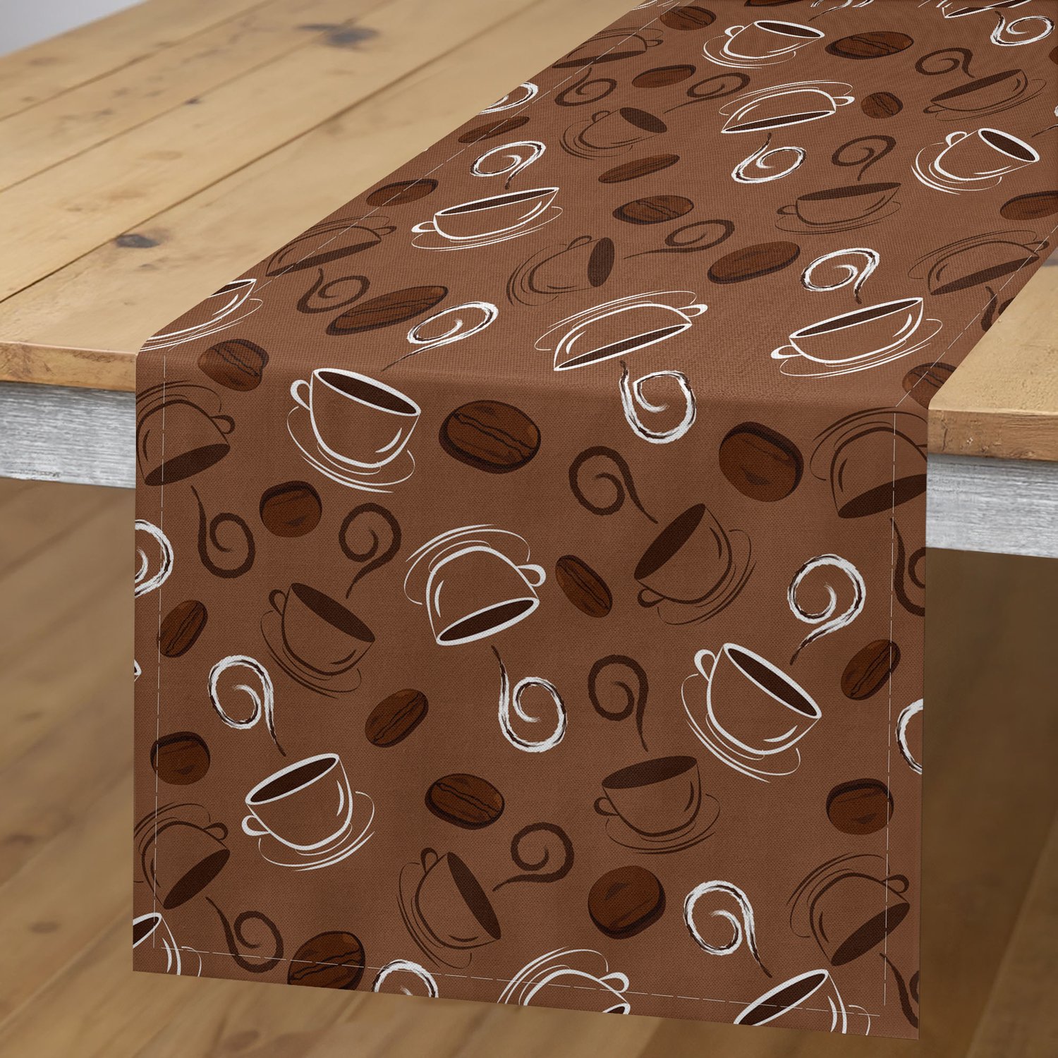 ABAKUHAUS Koffie Tafelloper, Espresso Kop Silhouetten met Bonen Cafeïnebron Gourmetdranken Illustratie, Rechthoekige Tafelloper voor Eetkamer en Keuken, 40 x 180 cm, Wit Bruin