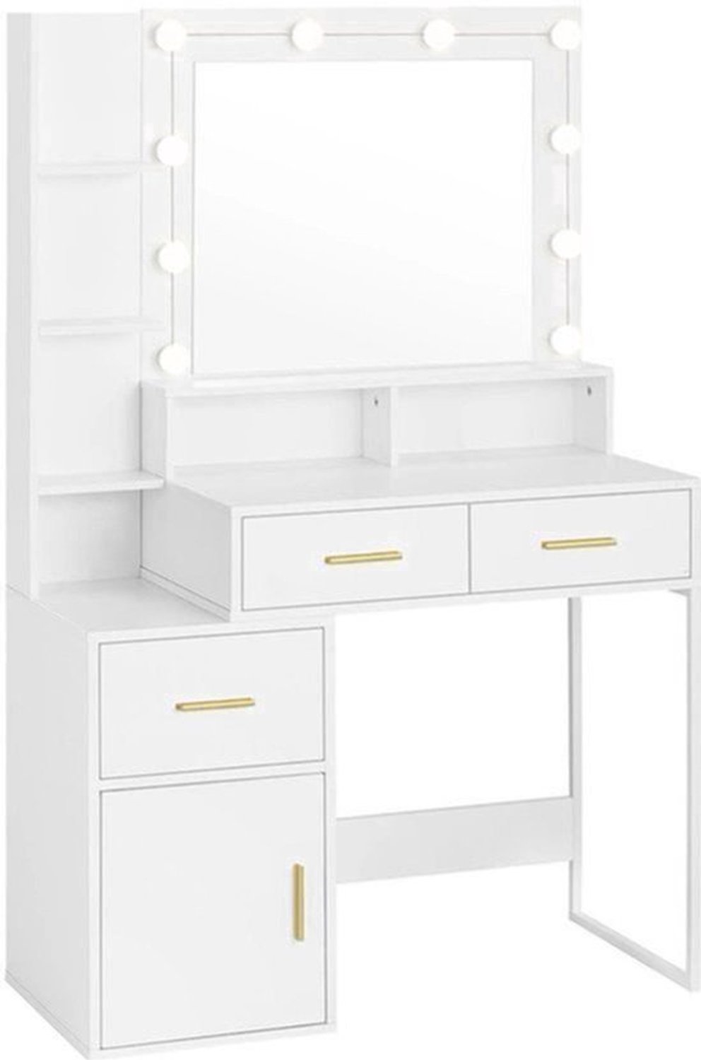 Kaptafel - Make-up Tafel - Kaptafel met spiegel en verlichting - Verstelbare - Helderheid - 10 LED - 1 Tafelblad - 2 Lades - 1 Opbergvak - 3 Planken - 90x143x39.5 cm - Wit