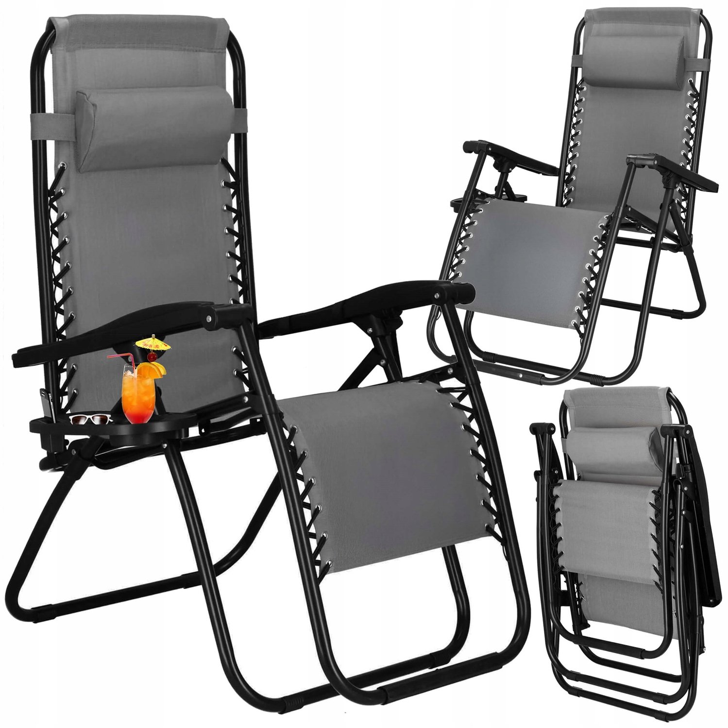 Springos Tuinstoel | Ligstoel | Opvouwbaar | Verstelbaar | Ergonomische Hoofdsteun | Grijs/Zwart