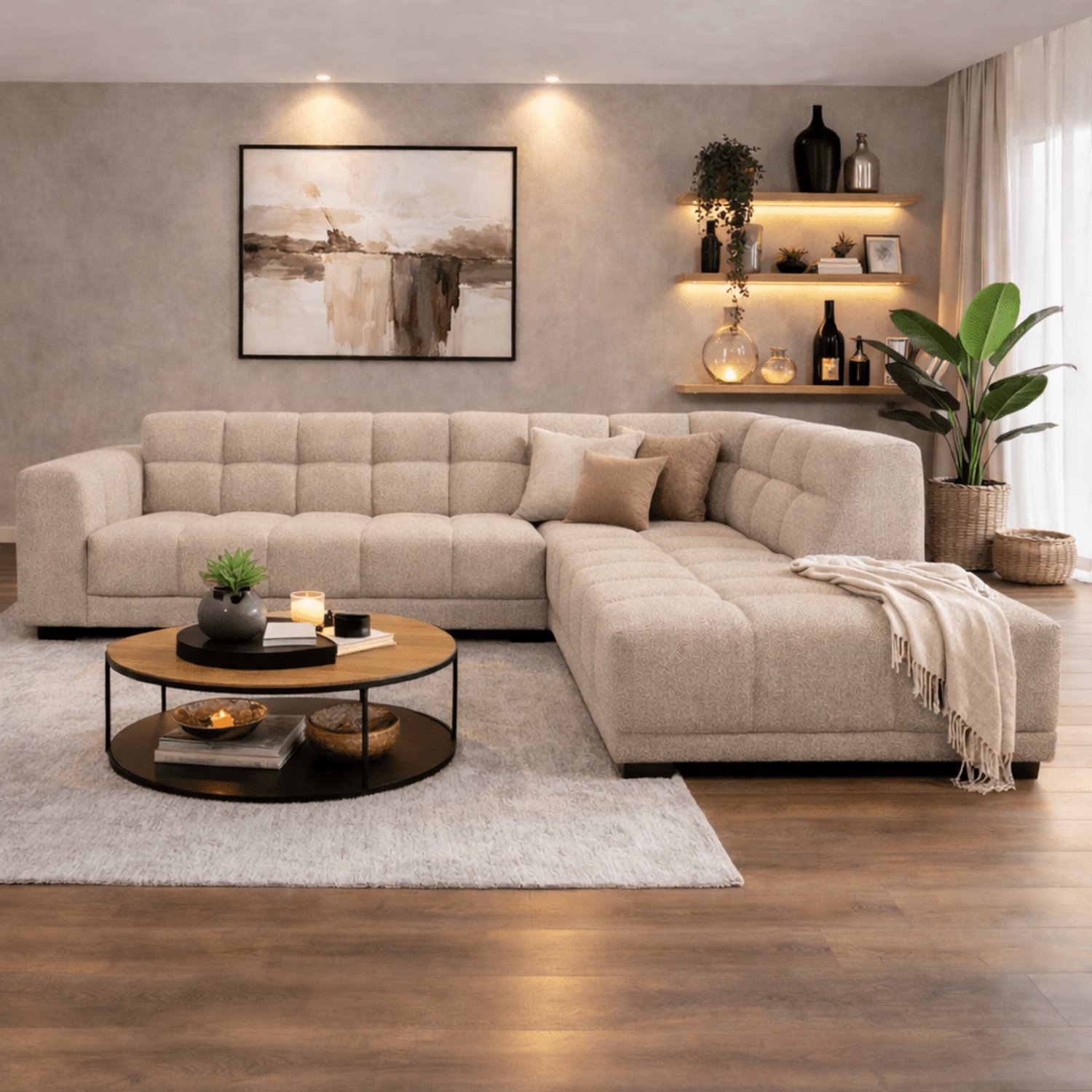 Dimehouse Hoekbank met lounge beige bouclé stof Nova - rechts - Stof - Scandinavisch & Basic - 270 x 219 x 76 cm