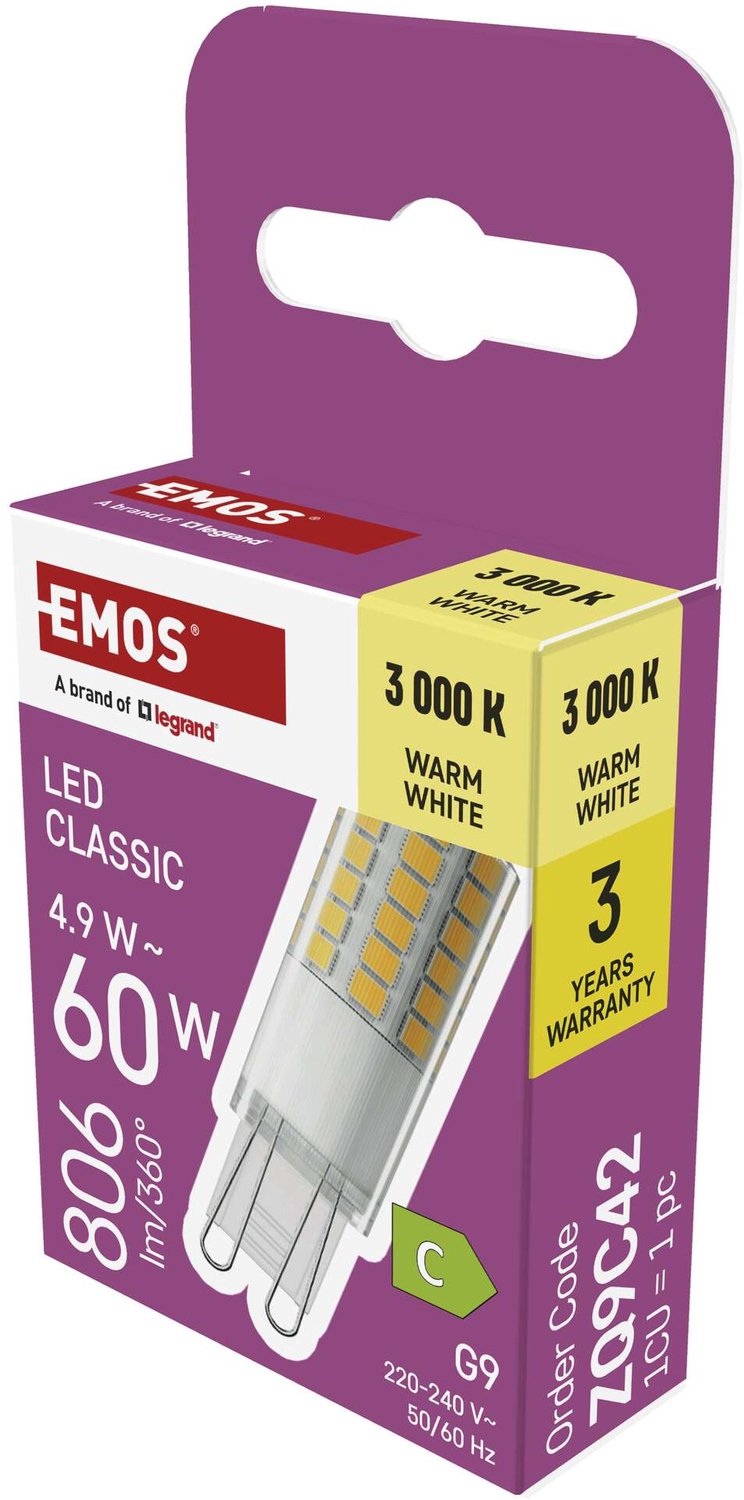 EMOS LED-lamp Classic JC / G9 / 4,9 W (60 W) / 806 lm / warm wit, ZQ9C42