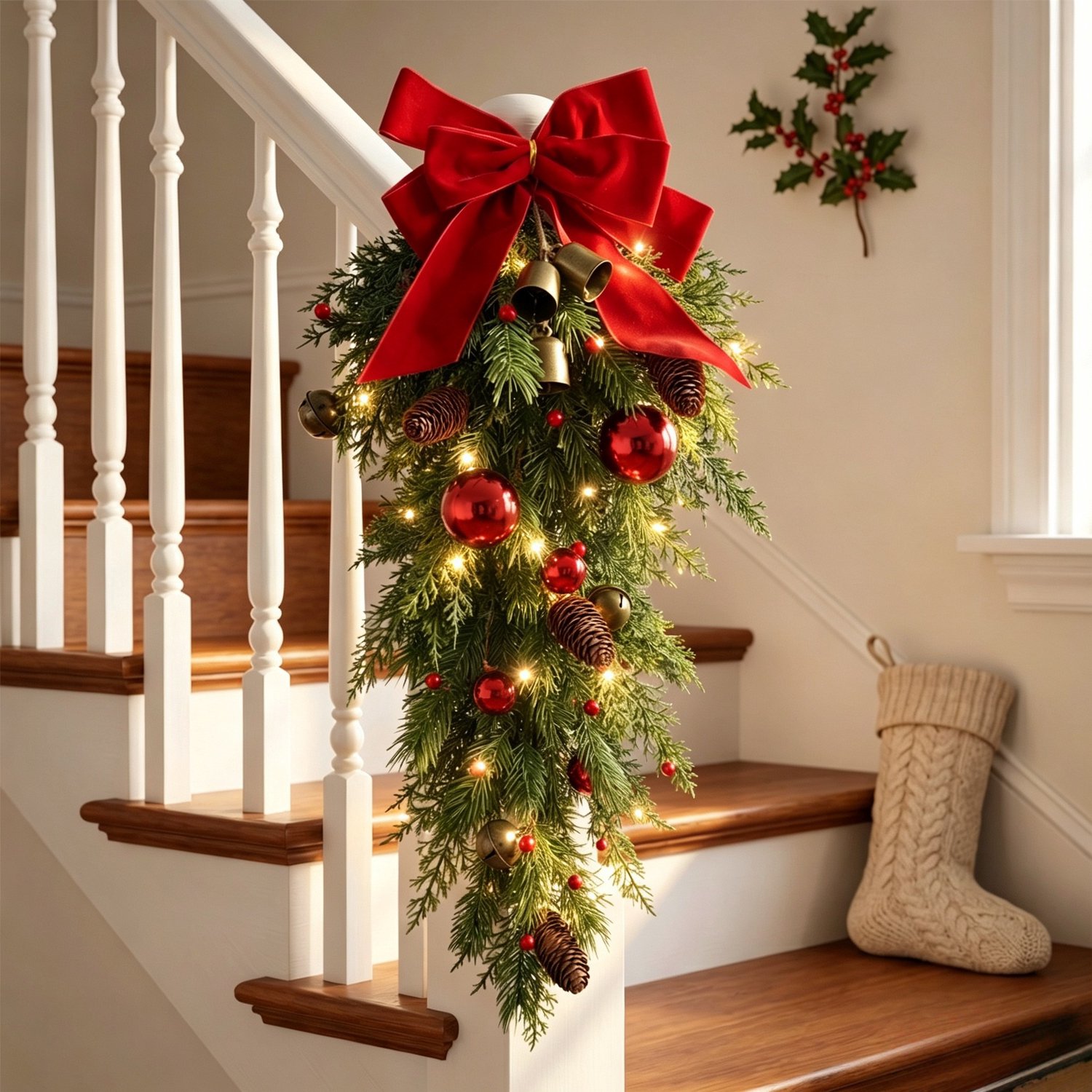 Kerstkrans - Kerstbeldecoratie - Kerstversiering - Kerstdeurhanger - Kerstdecoratie - 70 cm, met verlichting - Geschikt om op te hangen aan woonkamermuren, ramen, trappen en deuropeningen om een feestelijke sfeer te creëren - Groen