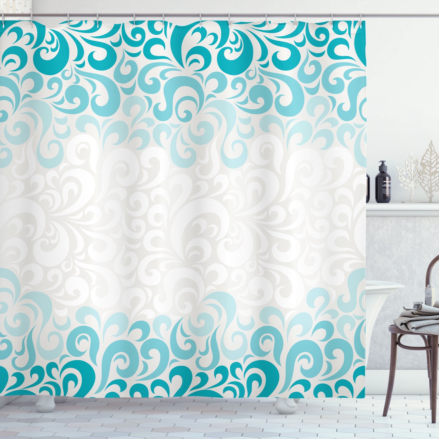 ABAKUHAUS Abstract Douchegordijn, Bloemrijk klassiek Ontwerp, Stoffen Badkamerdecoratieset met Haken, 175 x 240 cm, Teal Turquoise Wit