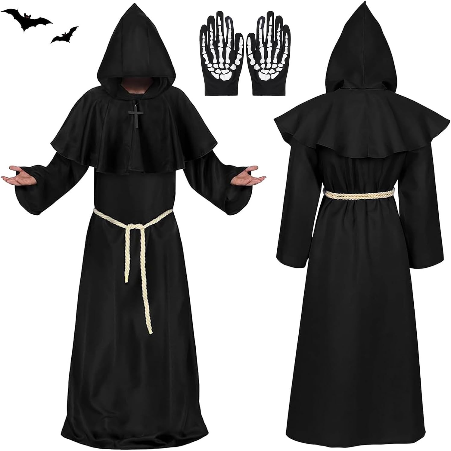 Heren Monnik Kostuum voor Halloween - Middeleeuwse Priester Robe met Kap en Kruis voor Themafeesten en Carnaval