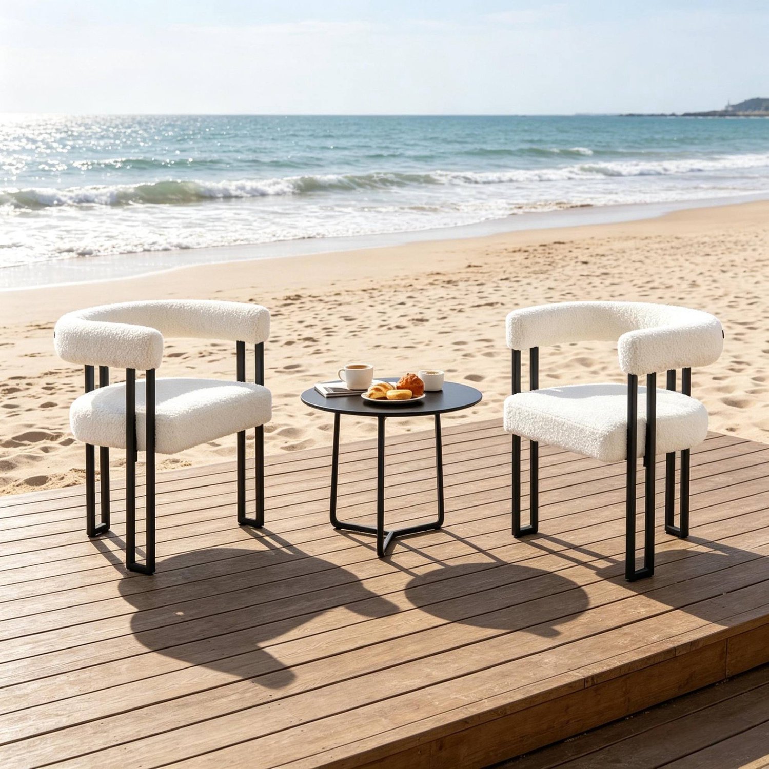 WUVRIE Eetkamerstoelen met armleuningen - Chenille bekleding en metalen poten - Crème - Set van 2