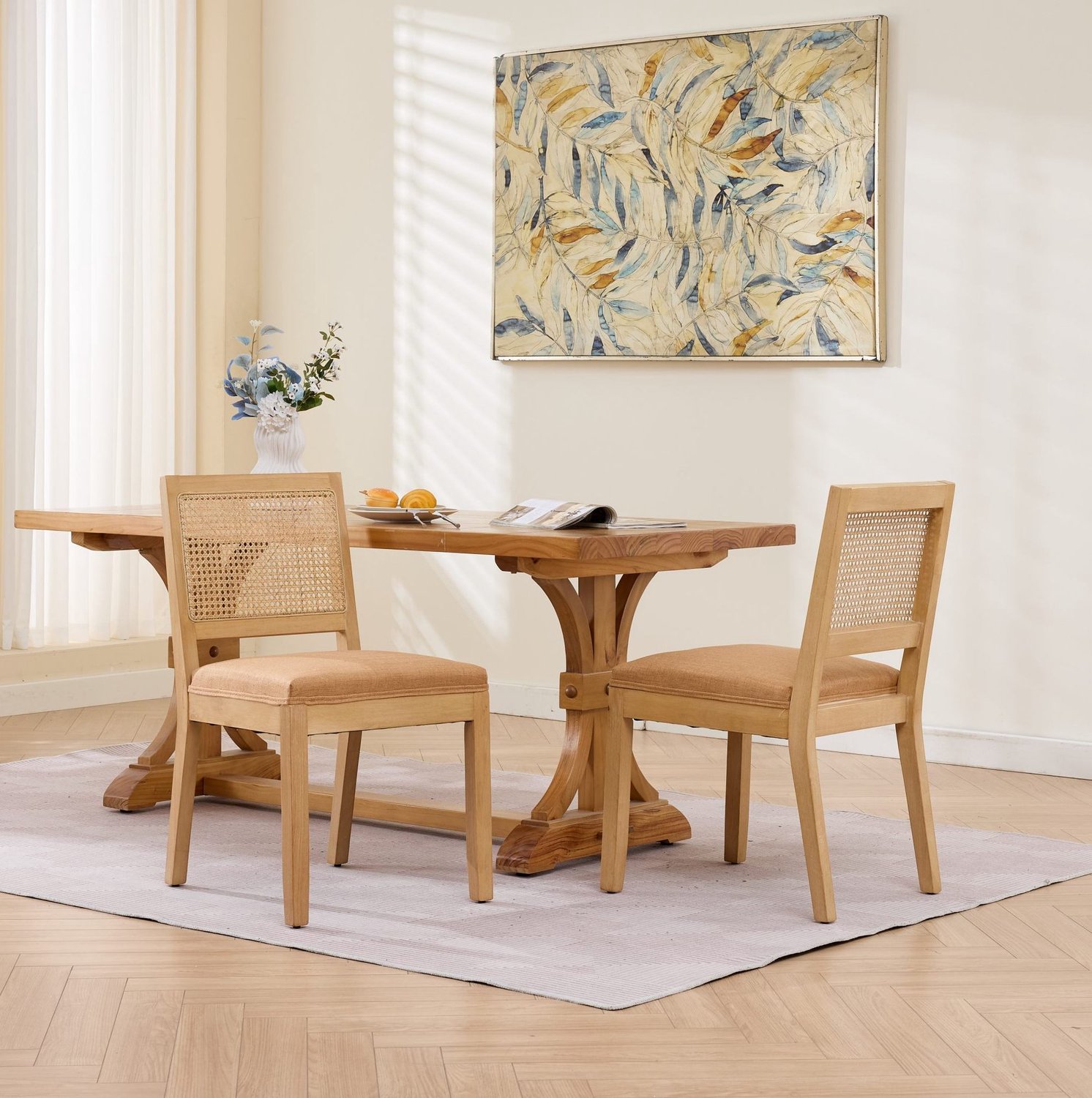 WUVRIE Set van 2 eetkamerstoelen - Opengewerkte rugleuning en stoffen zitting - Lichtbruin Tan