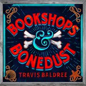 Boekomslag met rode tekst 'Bookshops & Bonedust', gekruiste botten, een zeester en schelp op donkerblauwe achtergrond.