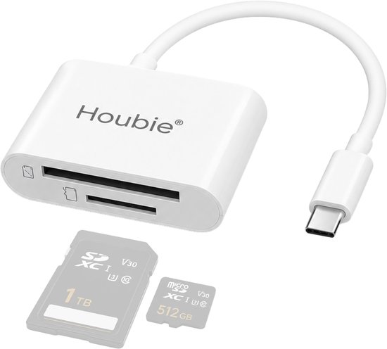 Witte Houbie SD-kaartlezer met USB-C kabel, naast een SD-kaart van 1TB en een Micro SD-kaart van 512GB.
