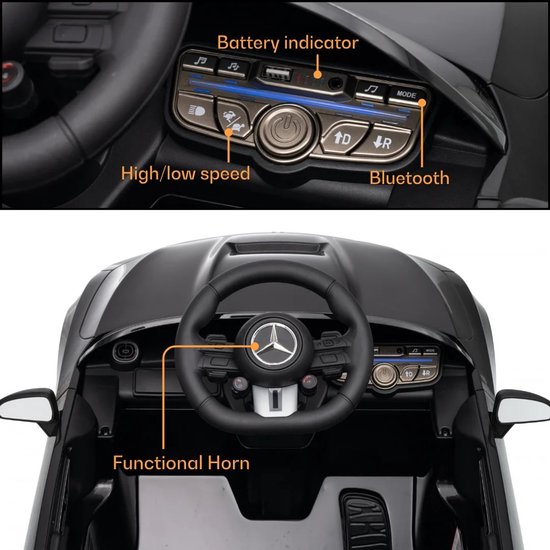 Dashboard met Bluetooth, snelheidsinstelling, claxon en batterij-indicator.