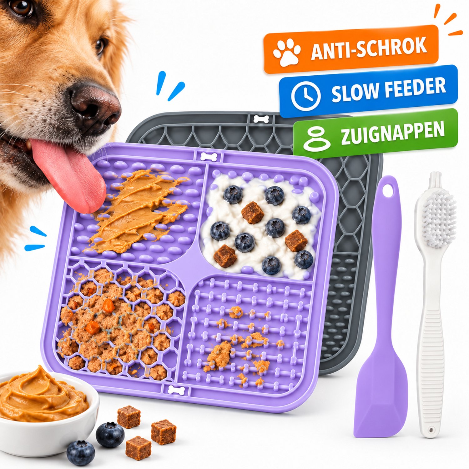 YYchan Likmat Hond 20x20 cm - Siliconen Slow Feeder / Voermat Hond - Anti-Schrok Hondenlikmat met Zuignappen - BPA-vrij & Vaatwasserbestendig - Inclusief Spatel en Borstel - Voor Pindakaas, Snacks, Natvoer en Yoghurt-Paars En Grijs