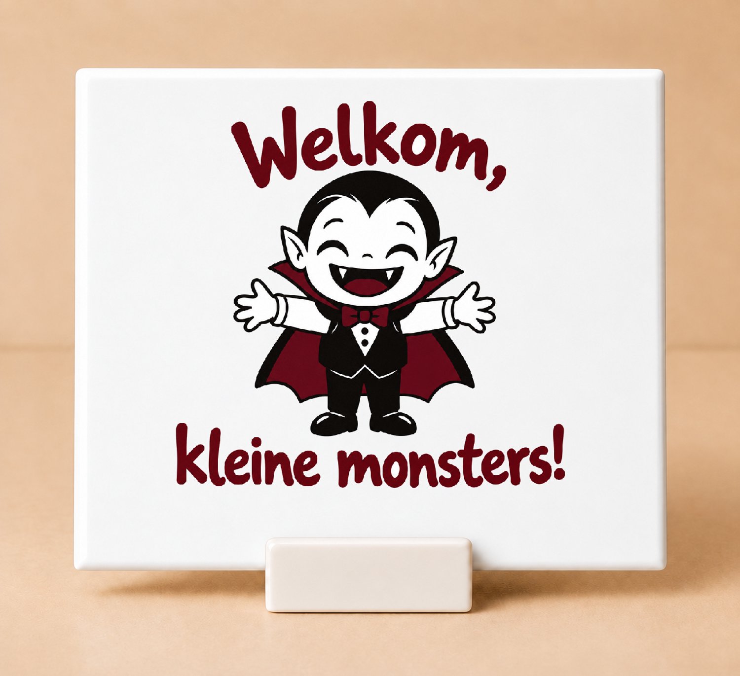 Bedruk King Stijlvolle Halloween “Welkom, kleine monsters!” Tegel – Sfeervolle voordeurdecoratie voor griezelfans - 15 x 15 cm met houder Wit